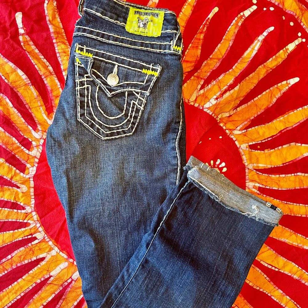 Vintage True Religion Jeans Billy Super T Thick Green and White Stitching